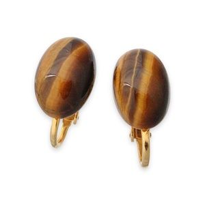 Vintage Genuine Tiger’s Eye Clip On Earrings Oval Cabochon Gemstone Gold Plated